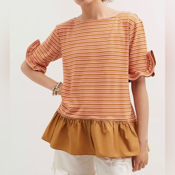 Anthropologie Tops - Anthropologie Striped Orange and White Peplum Top